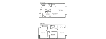 A floor plan shows a lower level with a living room, dining room, kitchen, and closet, and an upper level with a bedroom, bathroom, and closet.