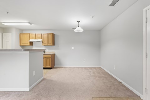 A kitchen area with a white counter and wooden cabinets.