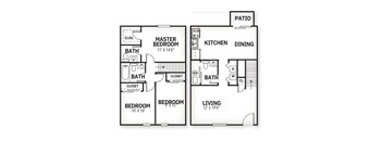 A floor plan of a two-bedroom apartment with a living room, kitchen, and dining area.