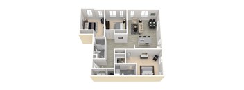 A top-down view of a house layout with multiple rooms and furniture.