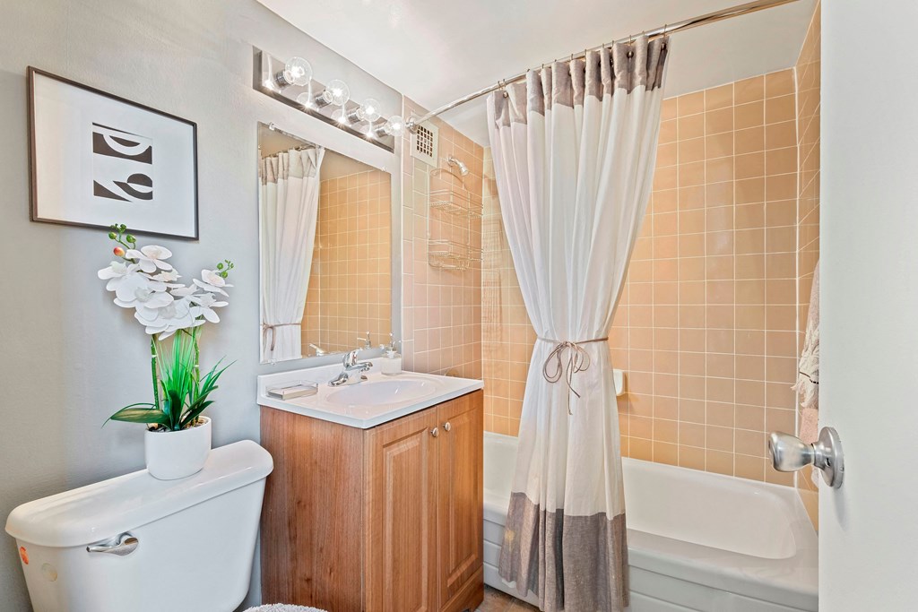 a bathroom with a shower curtain and a sink and a toilet