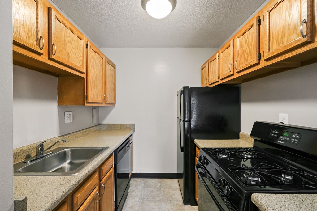 a kitchen with a sink and a stove and a refrigerator