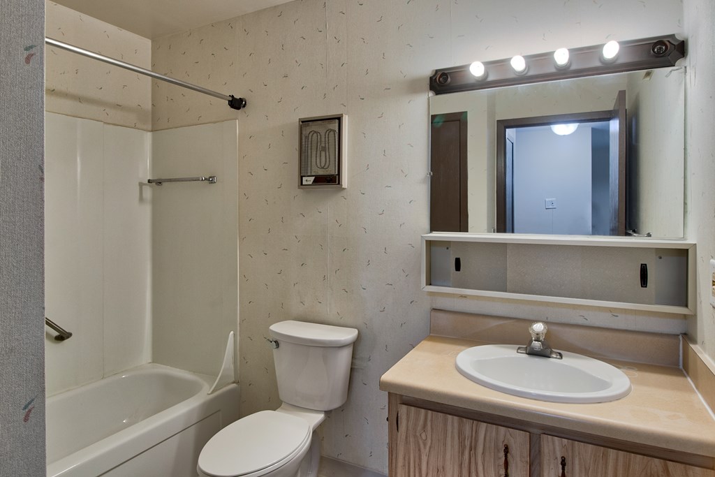 A white toilet sits next to a bathtub in a bathroom.