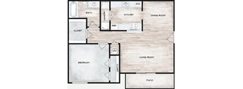 A floor plan of a house with a bedroom, living room, kitchen, dining room, bathroom, and patio.