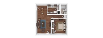 A top-down view of a living room with a couch, a coffee table, and a television.
