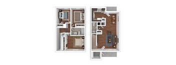 A floor plan of a two-story house with a living room, kitchen, and bedrooms.