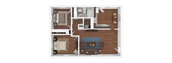 A top-down view of a living room, kitchen, and bedroom layout.