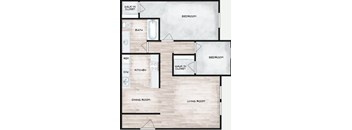 A floor plan of a house with a living room, dining room, kitchen, two bedrooms, a bathroom, and a walk-in closet.