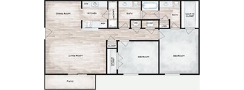 A floor plan of a house with a dining room, kitchen, living room, and three bedrooms.
