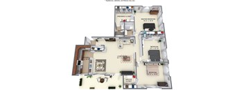 A floor plan of an apartment with a living room, kitchen, and three bedrooms.