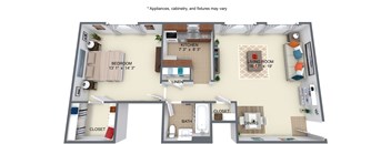 A floor plan of a small apartment with a kitchen, living room, and bathroom.
