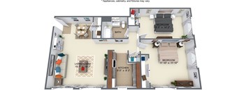 A floor plan of an apartment with a living room, kitchen, dining room, and two bedrooms.