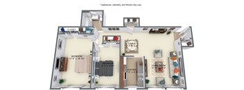 A 3D rendered image of a house layout with a living room, kitchen, dining room, and two bedrooms.