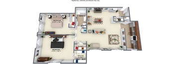 A floor plan of a house with two bedrooms, a living room, a dining room, a kitchen, and a walk-in closet.