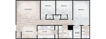 A floor plan of a house with three bedrooms, a living room, a dining room, a kitchen, a bathroom, and a walk-in closet.