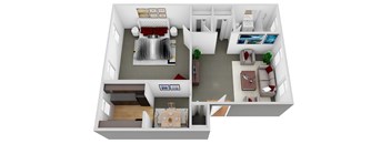 A 3D floor plan of a house with a living room, kitchen, and dining area.