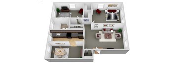 A 3D floor plan of a house with multiple rooms and furniture.