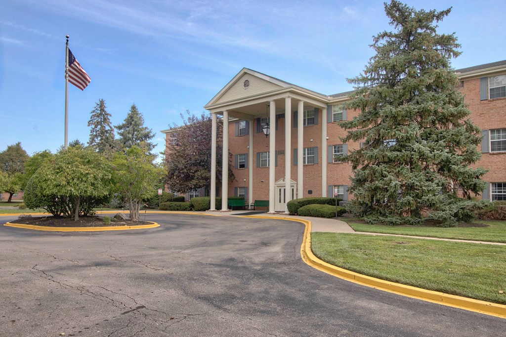 A building with a flag on top of it.