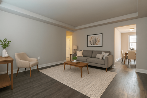 A living room with a grey couch, a chair, a coffee table, and a potted plant.