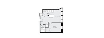 a floor plan of a studio apartment with a bedroom and a living room