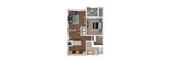 A floor plan of a small apartment with a kitchen, living room, and bathroom.