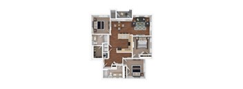 A detailed 3D floor plan of a house layout.