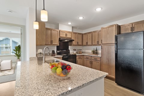 A kitchen with a black refrigerator and a bowl of fruit on the counter.