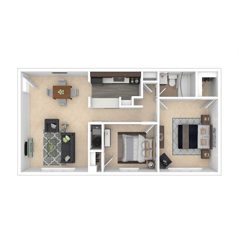 a bedroom floor plan with a living room and a kitchen