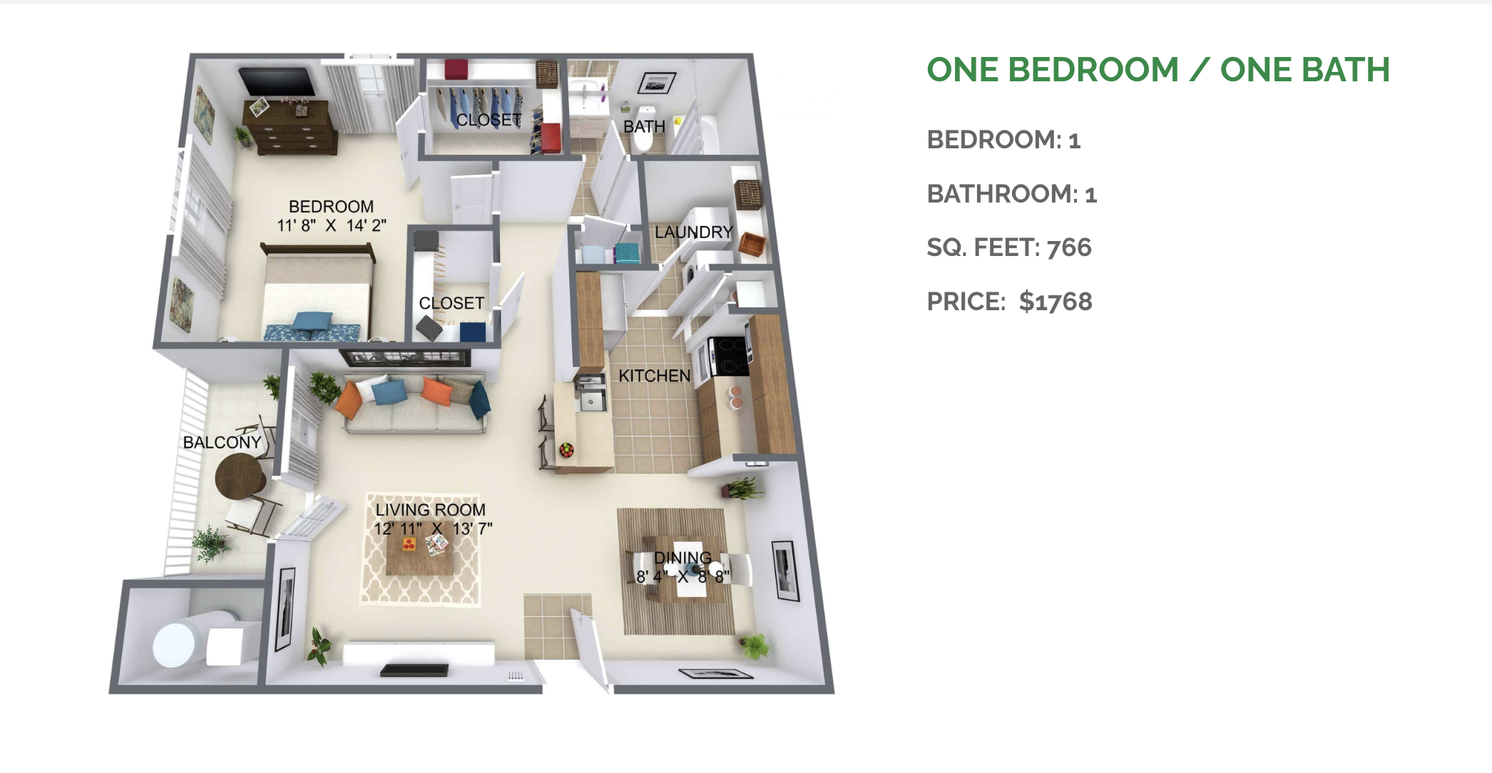A floor plan of a one bedroom, one bathroom apartment with a living room, kitchen, and balcony.