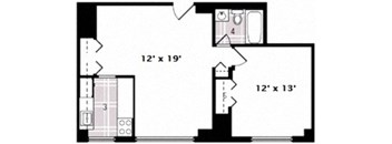 A floor plan of a room with dimensions and a bathroom area.