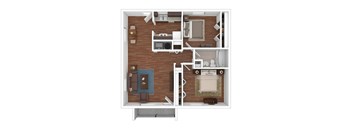 A top-down view of a small apartment with a living room, kitchen, and bathroom.