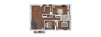 A top-down view of a small apartment with a kitchen, living room, and bathroom.