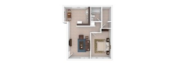 A top down view of a small apartment with a bed, a couch, a table, and a kitchenette.