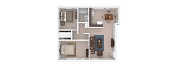 A floor plan of a small apartment with a kitchen, living room, and two bedrooms.