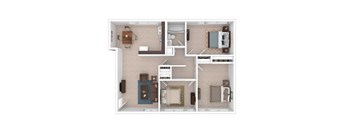 A floor plan of a small apartment with a kitchen, living room, and two bedrooms.