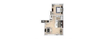 a stylized floor plan with a bedroom and a living room