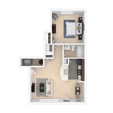 a stylized floor plan with a bedroom and a living room