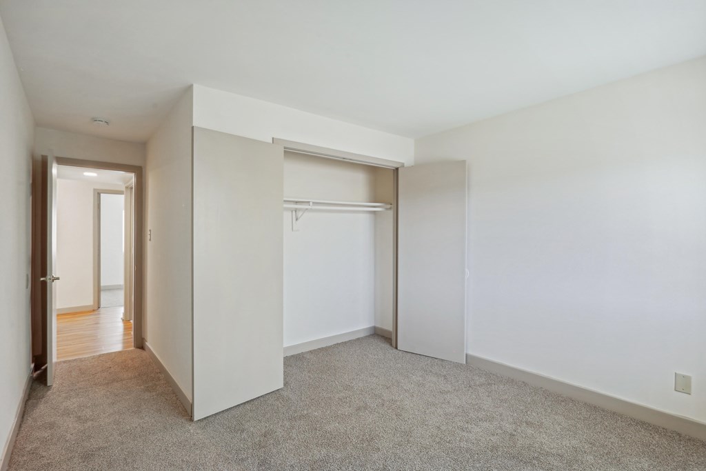 A white room with a carpeted floor and a closet with a sliding door.