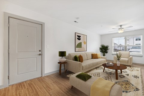 A living room with a couch, a coffee table, and a rug.