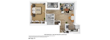 A floor plan of a one bedroom apartment with a bathroom and a living area.