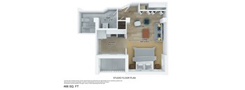 A floor plan of a studio apartment with a living room, kitchen, and bathroom.
