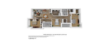 A 3 bedroom 2 bathroom floor plan with a living room, dining room, kitchen, and bathrooms.