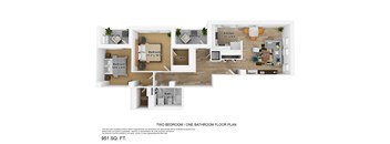 A floor plan of a 951 square foot apartment with two bedrooms and one bathroom.