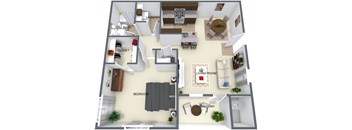 A 3D floor plan of a house showing a living room, kitchen, dining room, bedroom, bathroom, and closet.