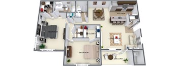 A 3D floor plan of an apartment with labeled rooms.