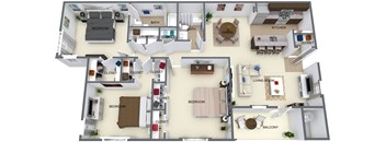 A 3D floor plan of a house with labeled rooms.