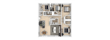 a 3d floor plan of a residence with bedrooms and a living room