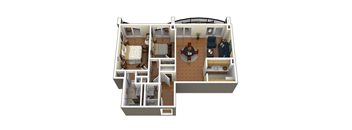 A 3D floor plan of a house with a living room, dining room, kitchen, and two bedrooms.