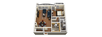 A 3D floor plan of a house with a kitchen, living room, and bedrooms.