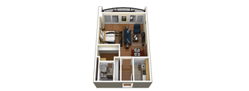 A 3D floor plan of a small apartment with a kitchen, living room, and bedroom.